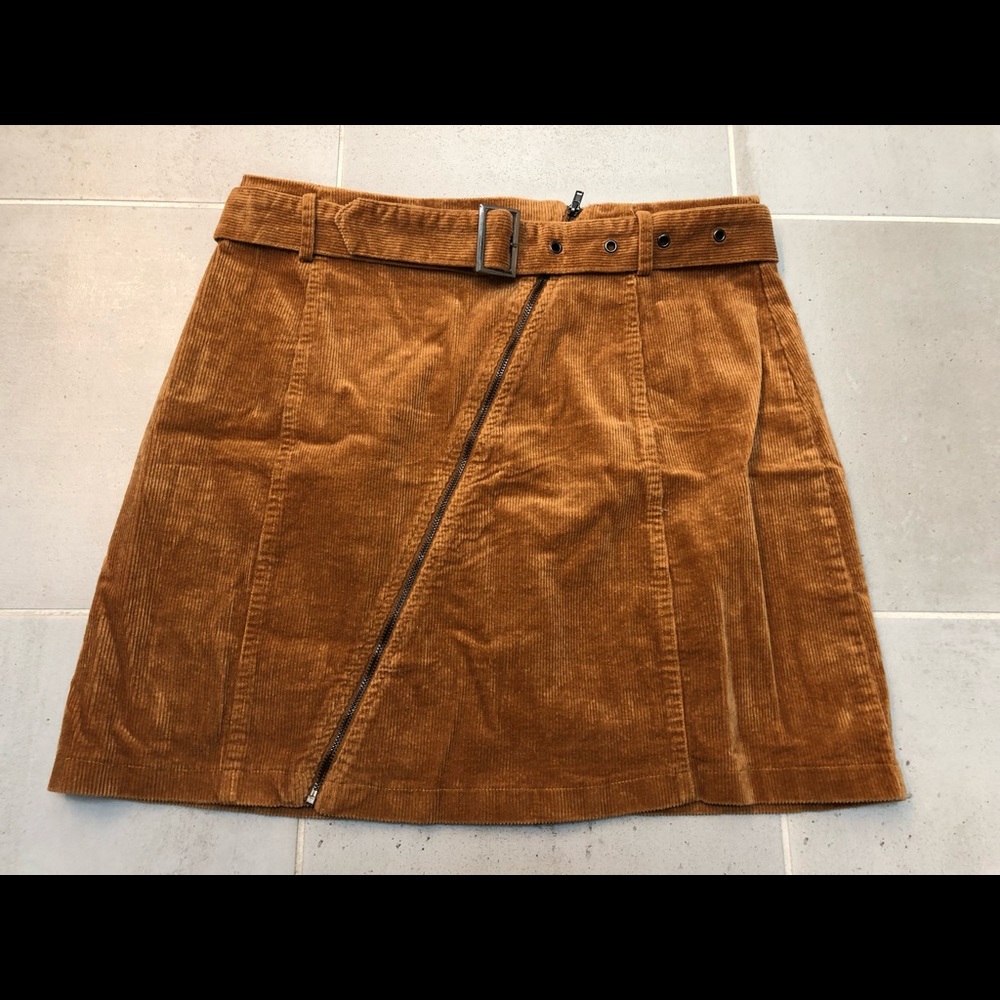 Brown Corduroy Mini Skirt with Asymmetrical zipper